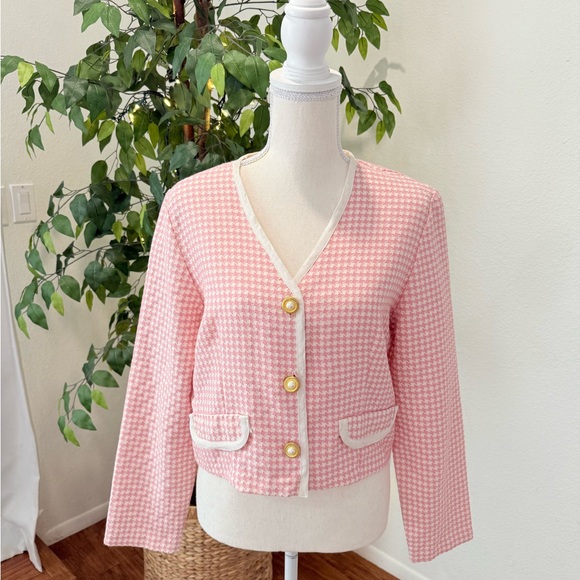 Sitting Pretty Jackets & Blazers - Vintage Sitting Pretty Pink & White Houndstooth Blazer